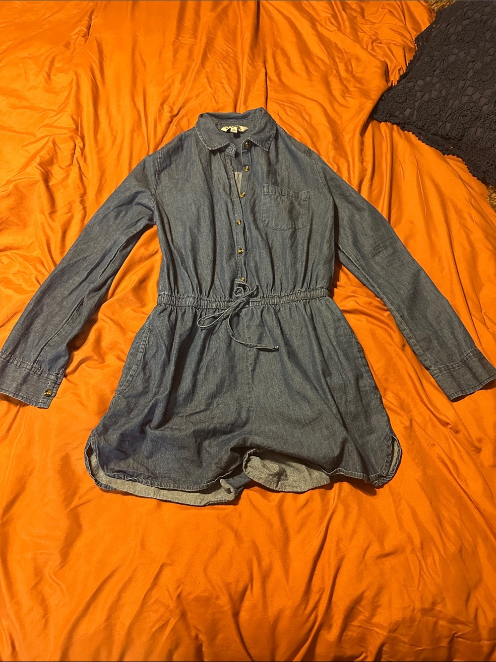 J for Justify Denim-Look Long Sleeve Romper in Blue